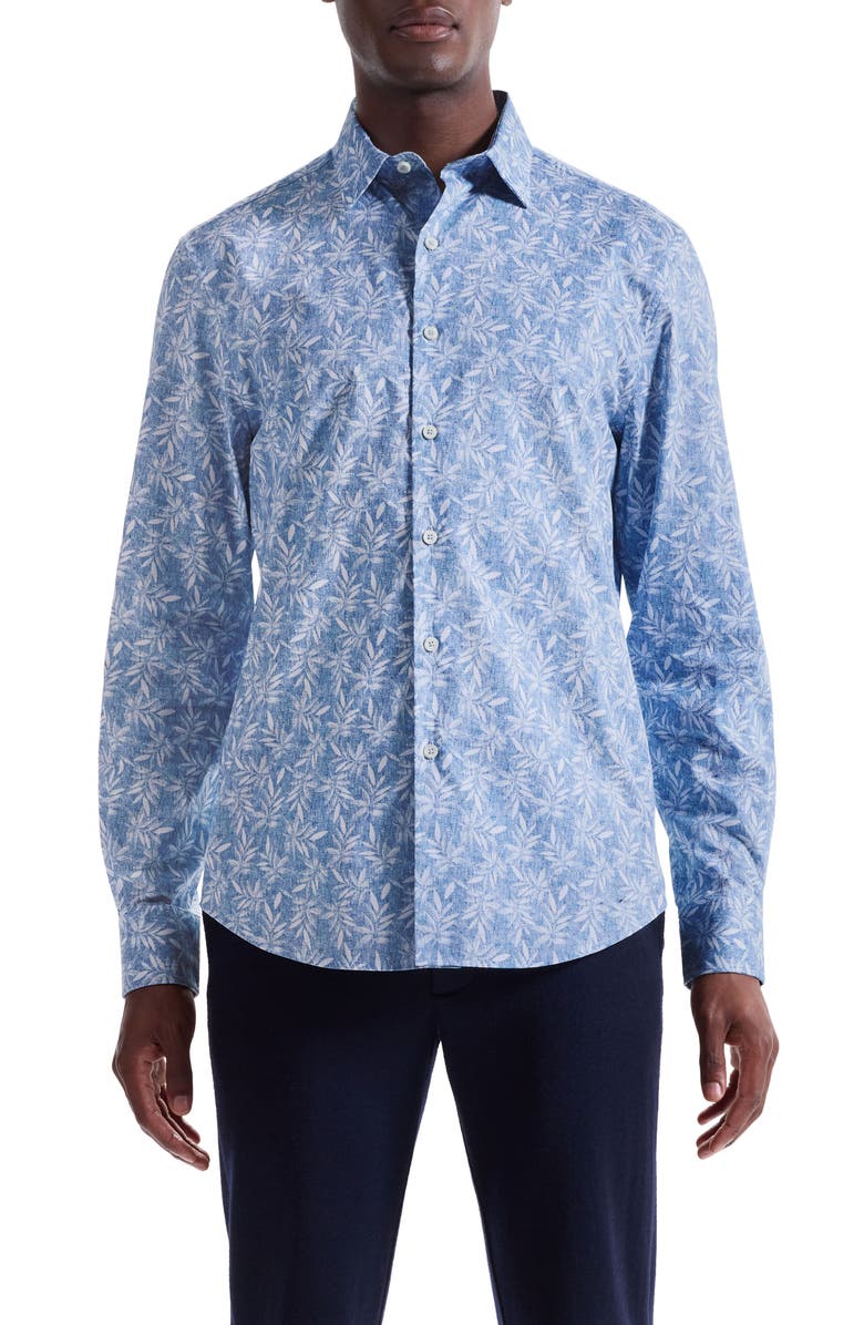 Bugatchi Julian Shaped Fit Leaf Print Cotton Button-Up Shirt, Main, color, Air Blue