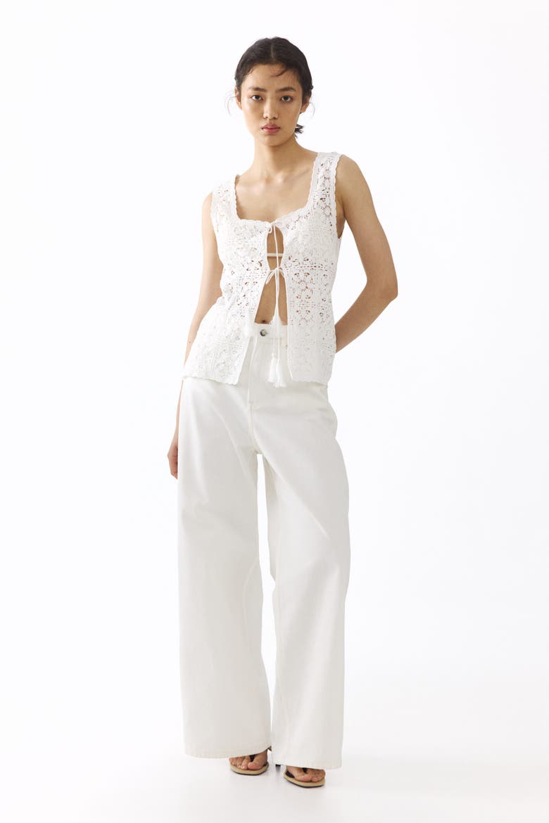 Tie-front Pointelle-knit Top, Main, color, Cream