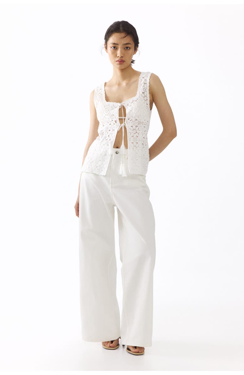 H&M Tie-front Pointelle-knit Top, Main, color, Cream