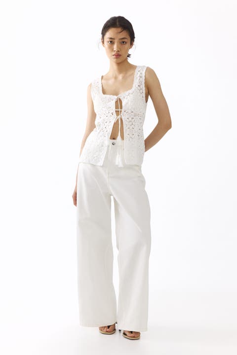 Tie-front Pointelle-knit Top