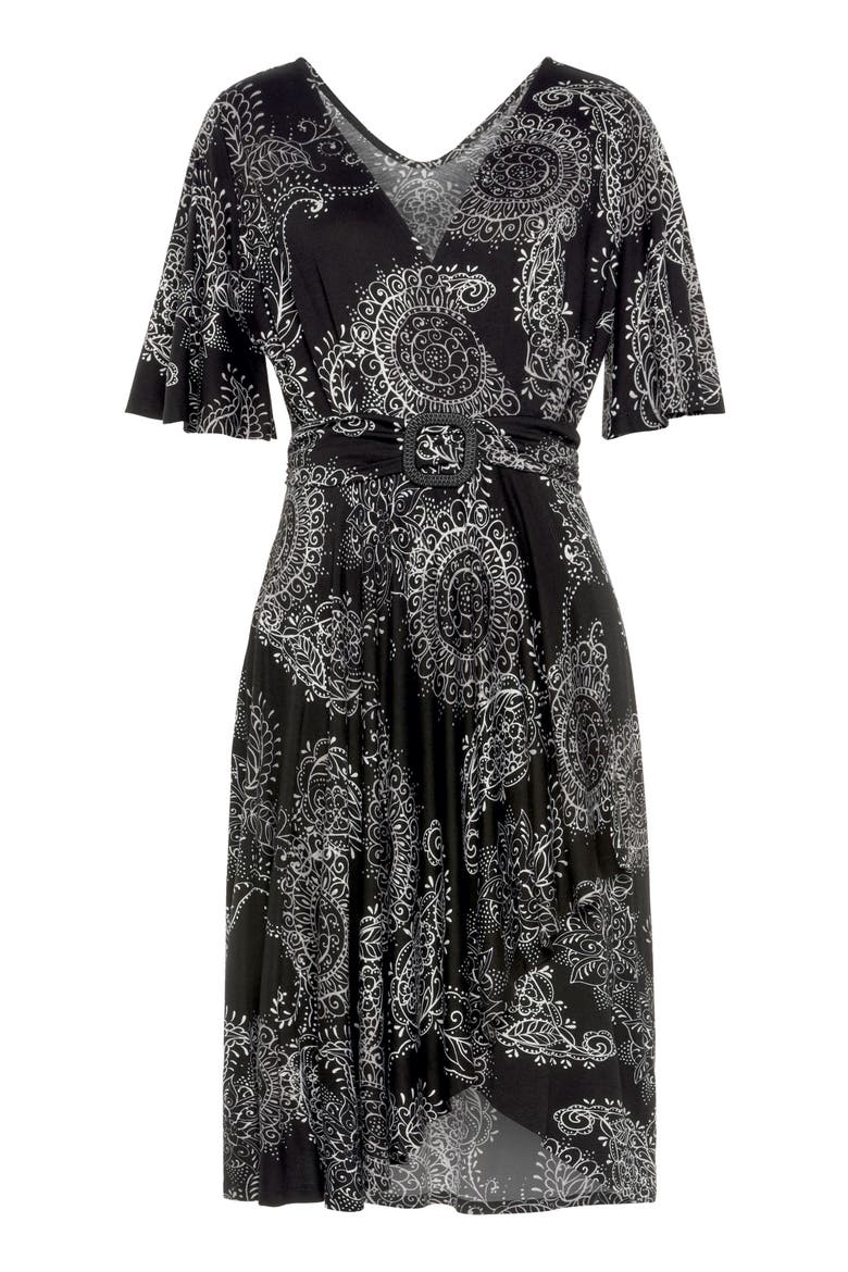 Belted Asymmetrical Dress, Alternate, color, Black Printed