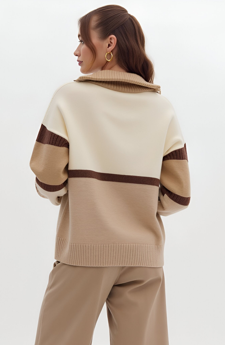 Modenaire Striped Half-Zip Sweater with Ribbed Collar and Long Sleeves, Alternate, color, 