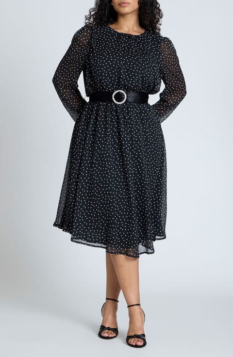 Polka Dot Long Sleeve Belted Dress (Plus)