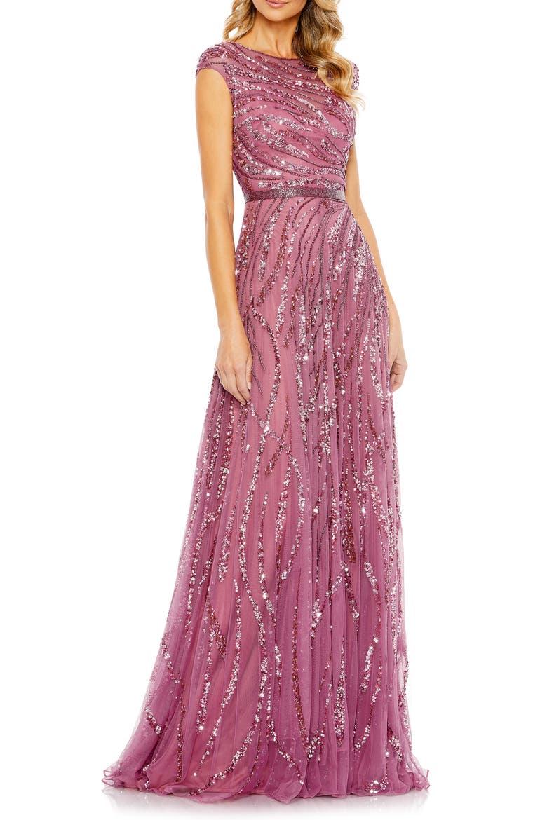 Cap Sleeve Embellished Evening Gown, Main, color, PLUM
