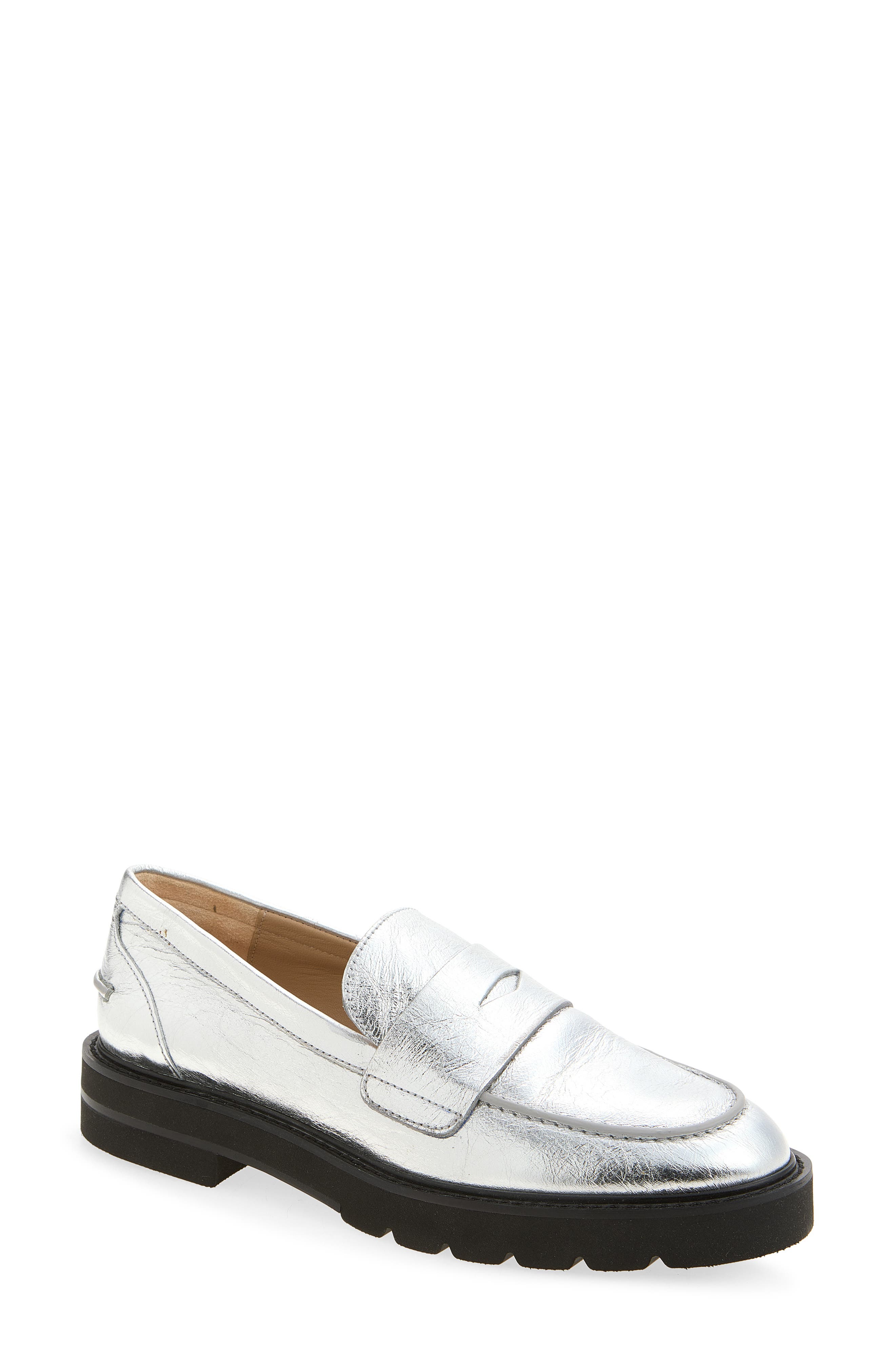 Parker Lift Lug Sole Penny Loafer, Main, color, SILVER