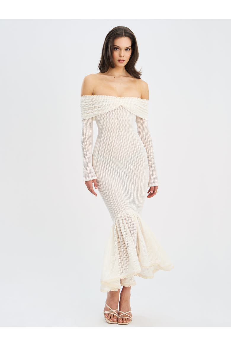 Kaedyn Off Shoulder Long Sleeve Crochet Mermaid Maxi Dress, Alternate, color, Beige