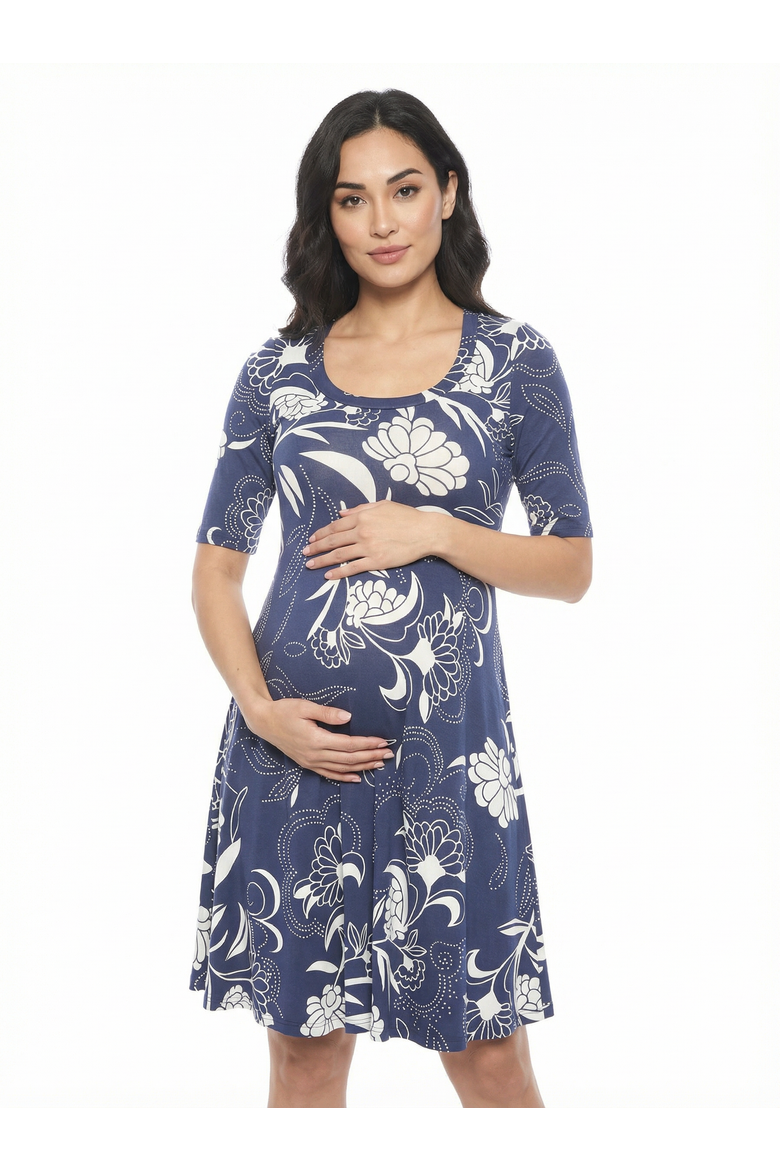 Maternity Floral Scoop Neck Elbow Sleeve Knee Length Skater Dress, Main, color, Navy Multi
