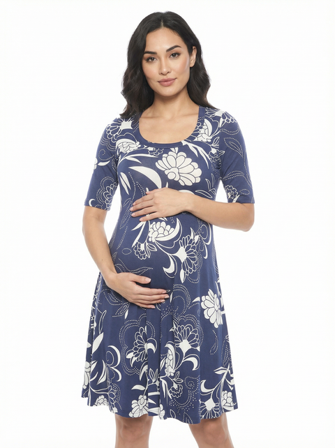 Maternity Floral Scoop Neck Elbow Sleeve Knee Length Skater Dress