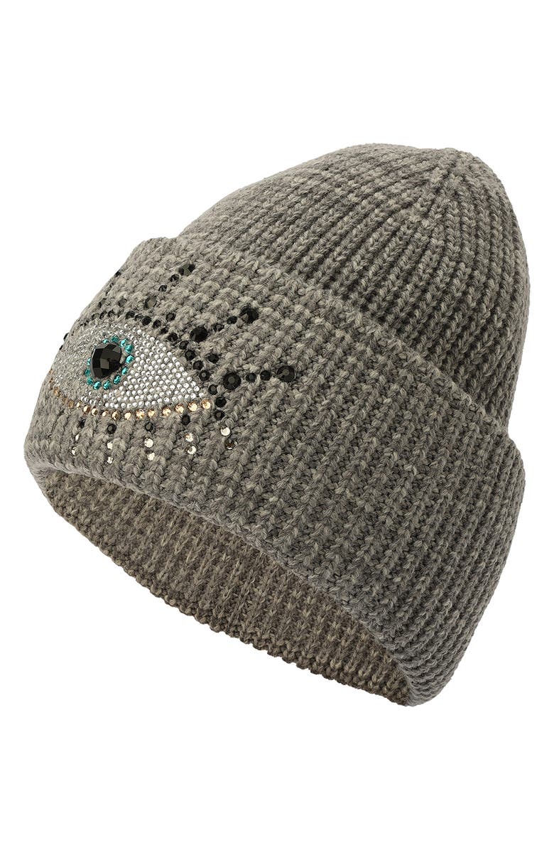 Kurt Geiger London Beaded Evil Eye Beanie, Alternate, color, Grey Marl