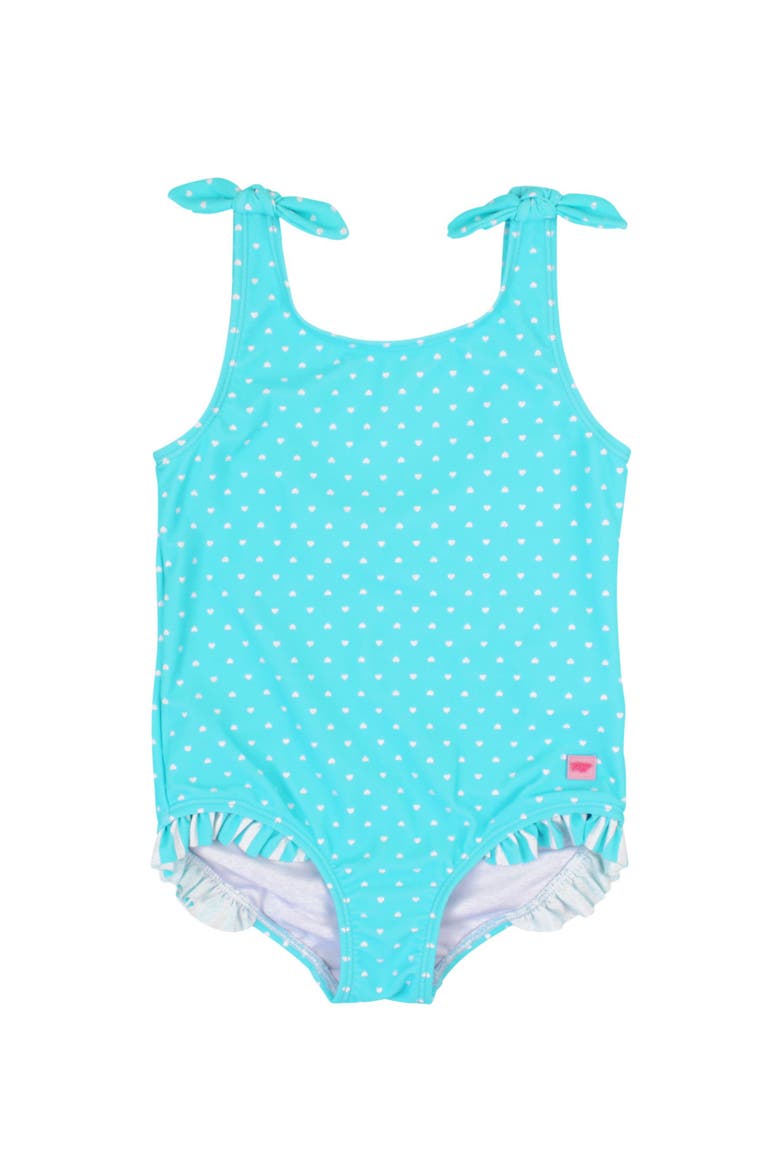 Baby Girls UPF50+ Tie Shoulder One Piece, Main, color, Bright Aqua Heart Polka Dot