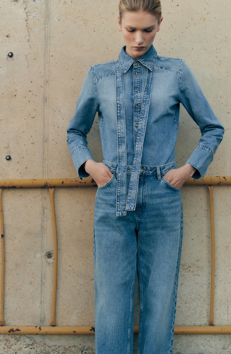 MANGO Denim Tie Neck Button-Up Shirt, Alternate, color,