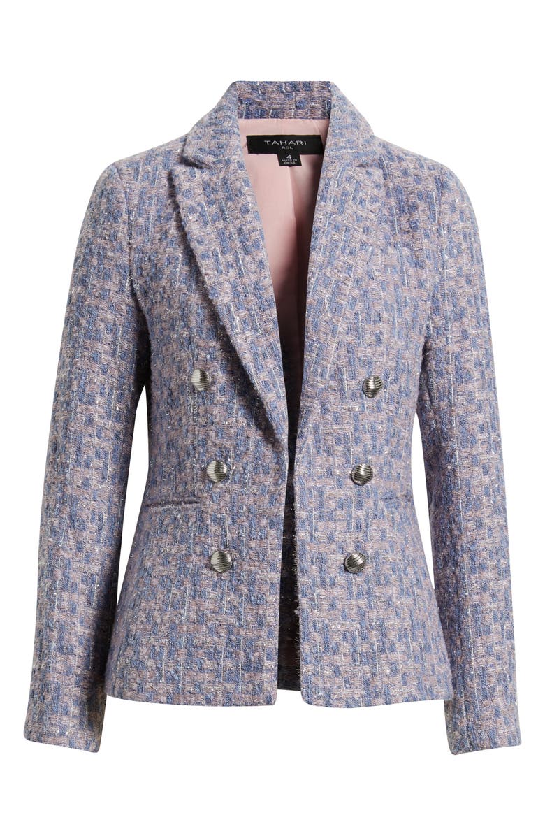 Tahari ASL Metallic Faux Double Breasted Tweed Jacket, Main, color, Blue Rose Silver
