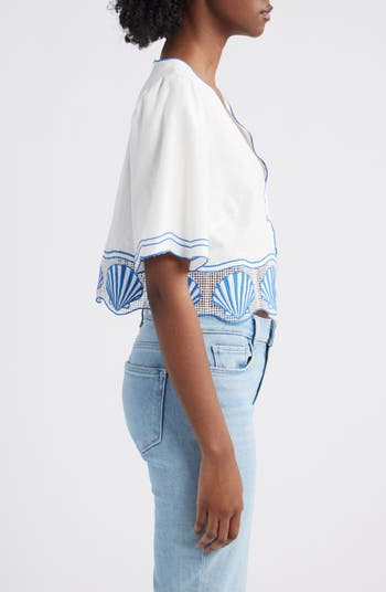 Venice Shell Embroidered Cotton & Linen Crop Top