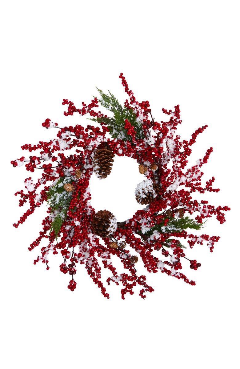 NEARLY NATURAL 24-in Frosted Cypress Artificial Wreath with Berries and Pine Cones, Main, color, Red