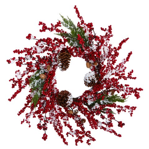 24-in Frosted Cypress Artificial Wreath with Berries and Pine Cones