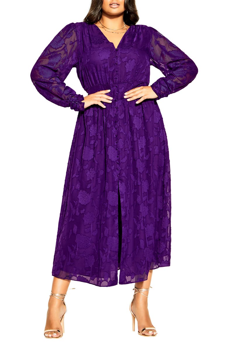 Sweet Sass Long Sleeve Burnout Chiffon A-Line Dress, Main, color, PETUNIA