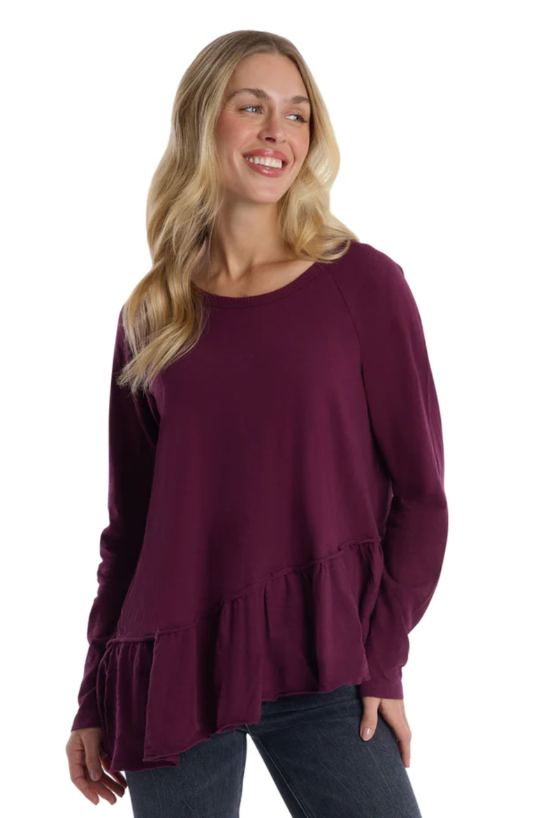 Raglan Long Sleeve Asymmetric Peplum Hem Tee, Alternate, color, Dark Fig