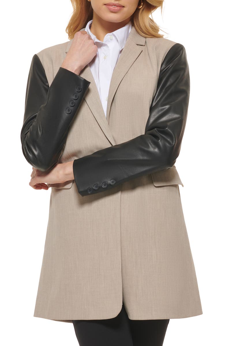 DKNY Mixed Media Faux Leather Sleeve Jacket, Main, color,