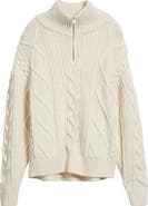 FRAME Oversize Chunky Cabled Wool & Cashmere Half Zip Sweater