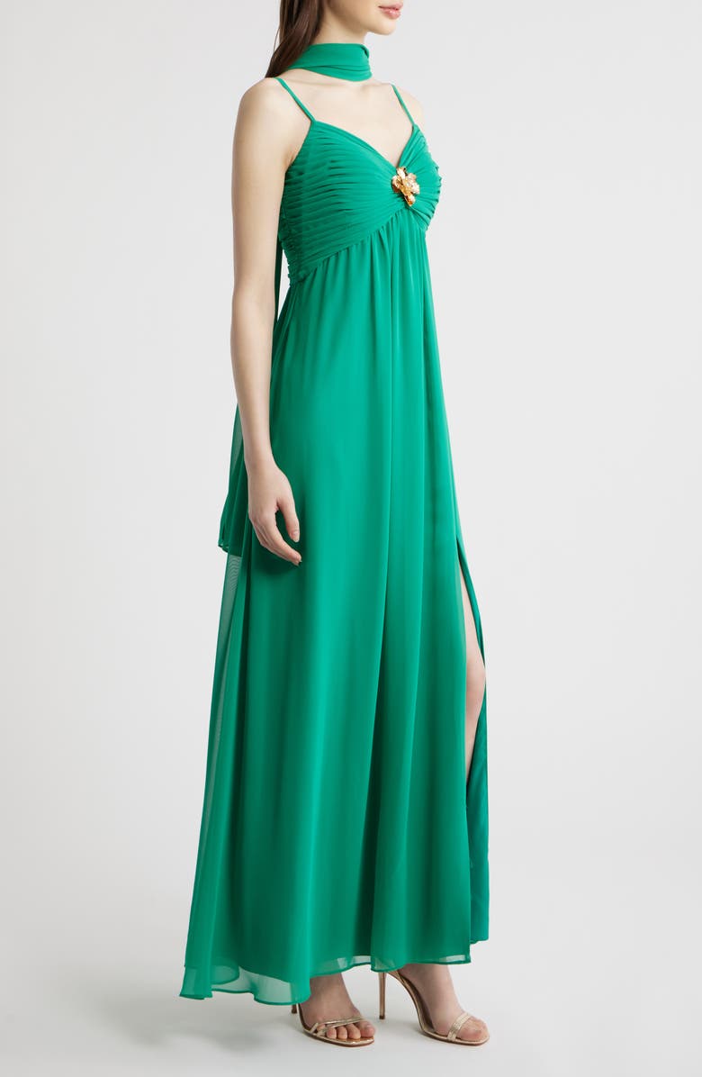 Eliza J Pleated Chiffon Gown with Scarf, Alternate, color, Jade