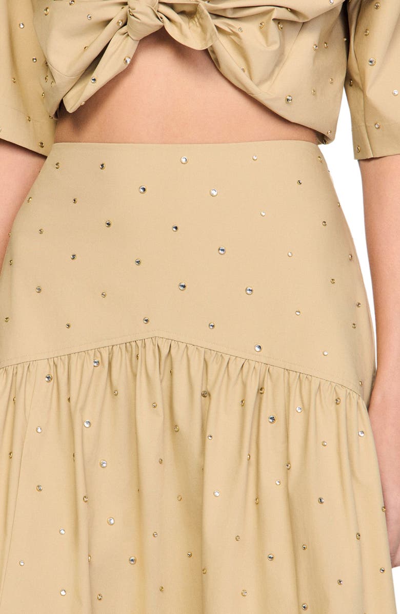 SANDRO Long rhinestone cotton skirt, Alternate, color, Beige
