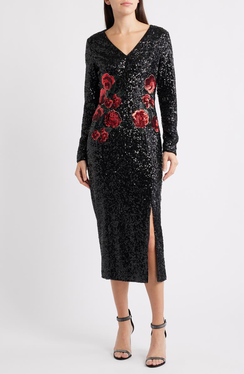 Elie Tahari The Aurora Long Sleeve Sequin Dress, Main, color, Noir Black