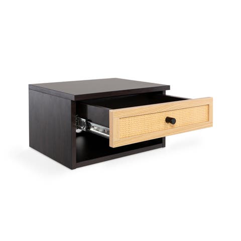 Celerie Mid-Century Modern Floating Wall Mounted Nightstand with Soft-Close Rattan Drawer and Cable Hole