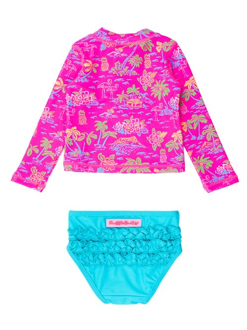 Rufflebutts Toddler Girls Upf50+ Long Sleeve Zipper Rash Guard 2-piece In Neon Island Time