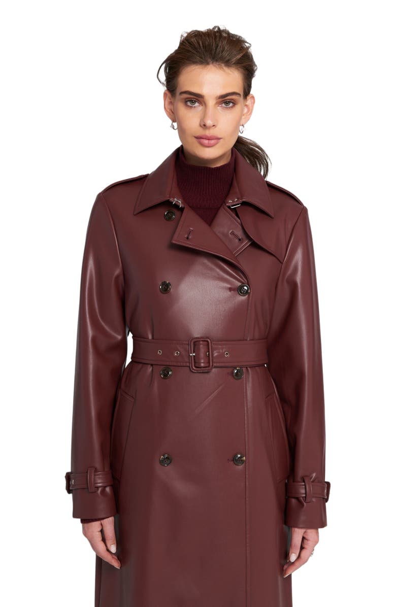 ELLE Collection Faux Leather Trench Coat, Alternate, color, Wine