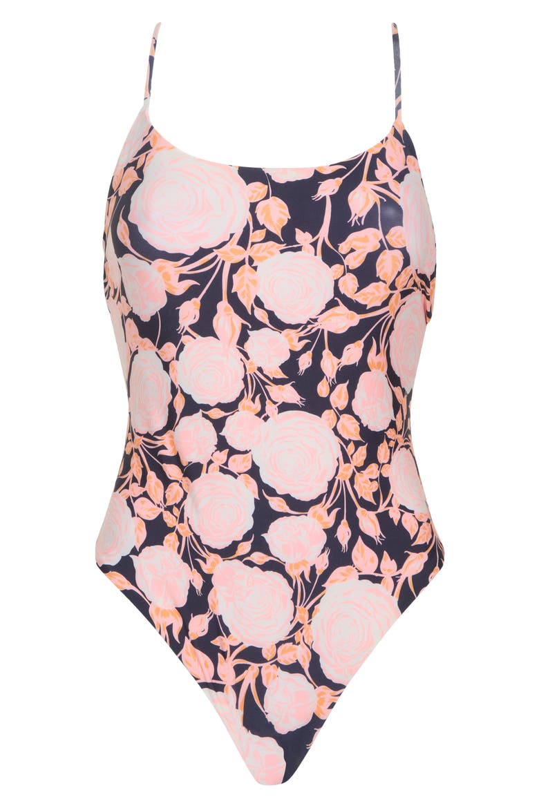Rose Petals Luster One-Piece Swimsuit, Alternate, color, BLACK