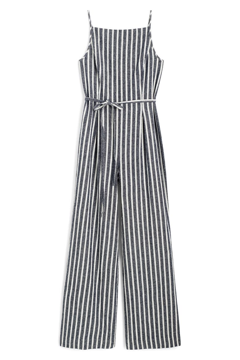 Pinstripe Pleated Linen & Cotton Wide Leg Jumpsuit, Alternate, color, NAVY WHITE STRIPE