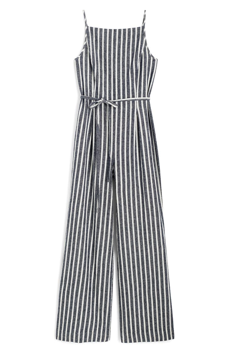 Madewell Pinstripe Pleated Linen & Cotton Wide Leg Jumpsuit, Alternate, color, Navy White Stripe
