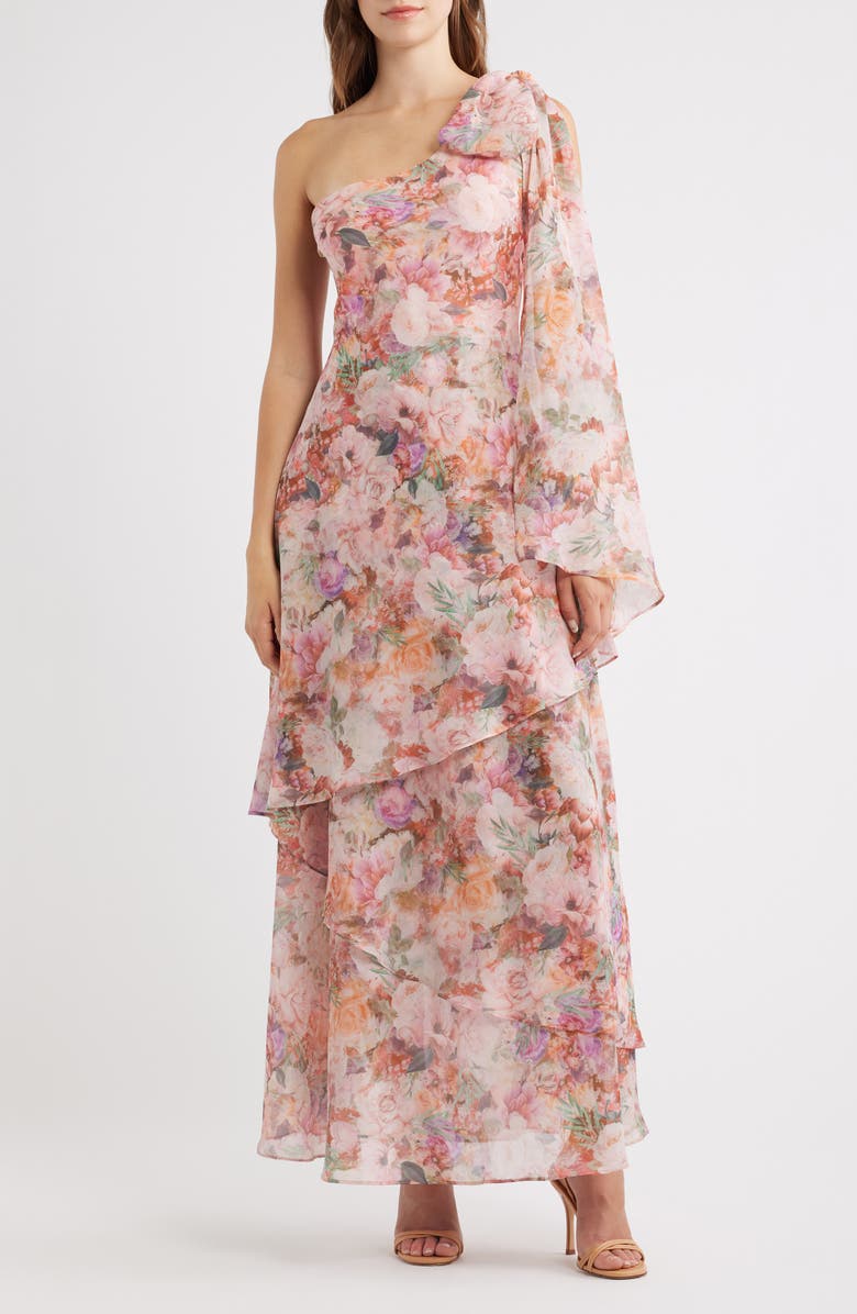 Lulus Amara Floral Print One-Shoulder Chiffon Gown, Main, color, Pink Floral
