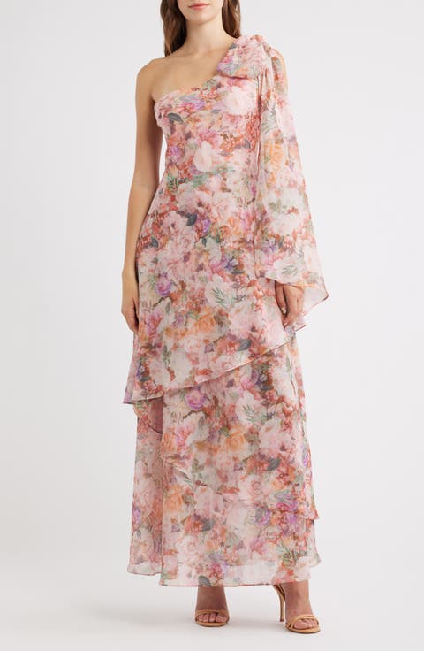 Amara Floral Print One-Shoulder Chiffon Gown