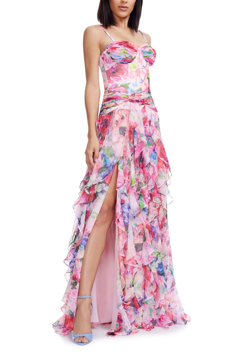 Lux Ruffle Evening Gown, Alternate, color, PINK ROSE MULTI