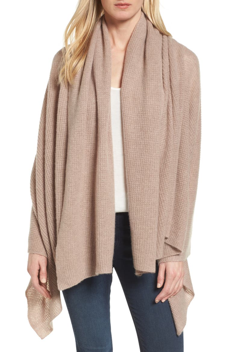 Waffle Knit Cashmere Wrap, Alternate, color, BROWN SOFT HEATHER
