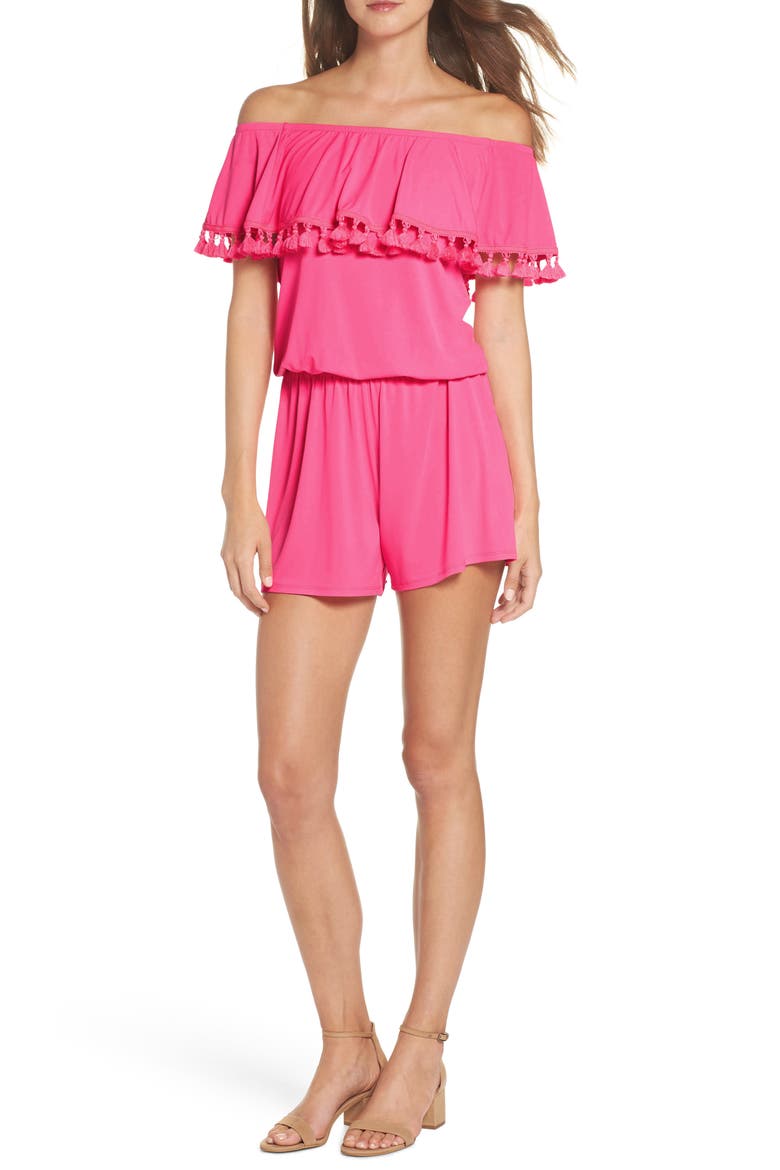 La Fortuna Off the Shoulder Romper, Main, color, PINK COSMO