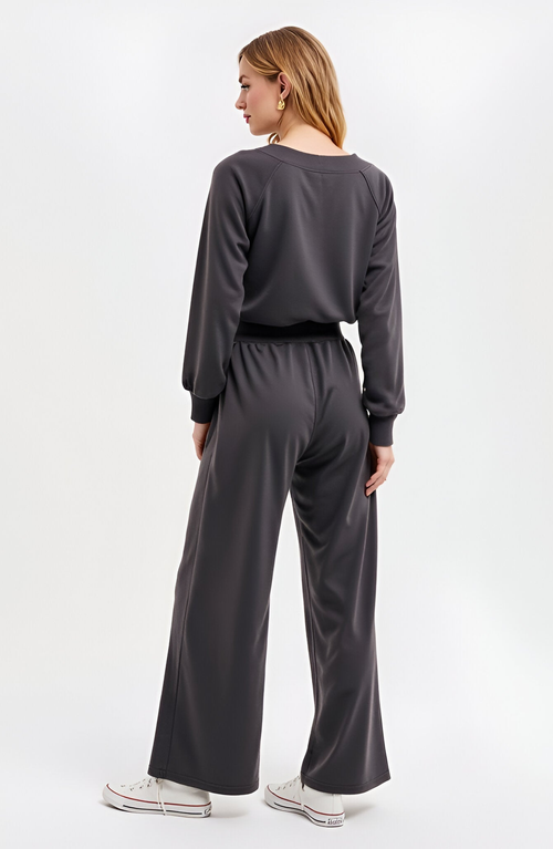 Modenaire Wide Leg Long Sleeve Crewneck Knit Jumpsuit With Drawstring Waist In Gray
