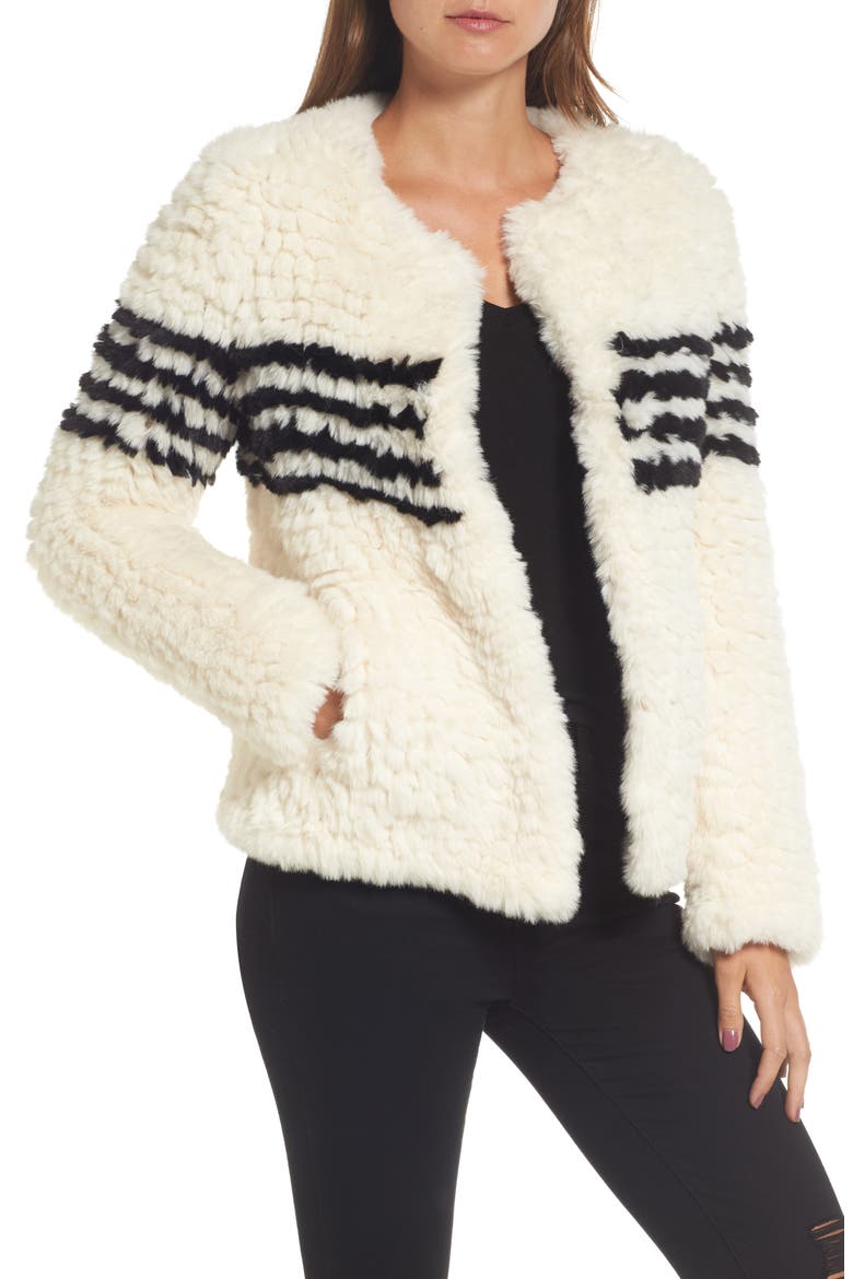 Faux Fur Jacket, Main, color, IVORY W BLACK STRIPES