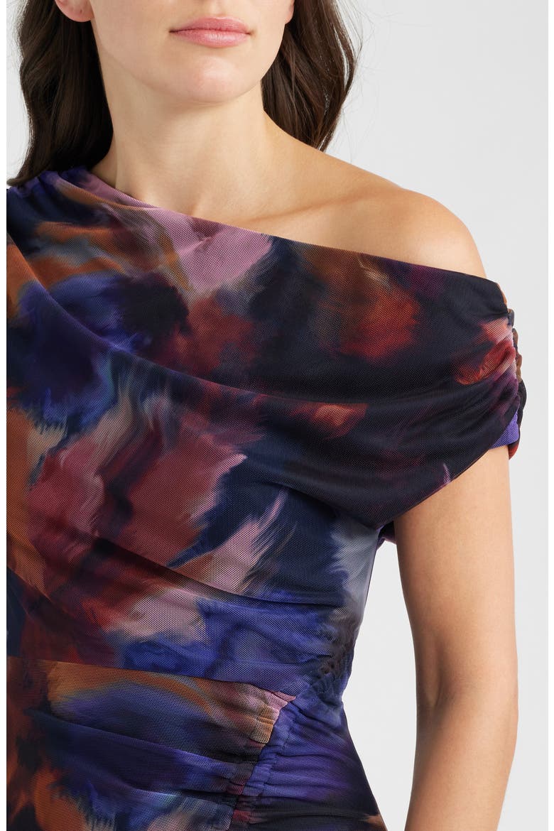Asymmetric Ruched Mesh Gown, Alternate, color, NAVY MULTI