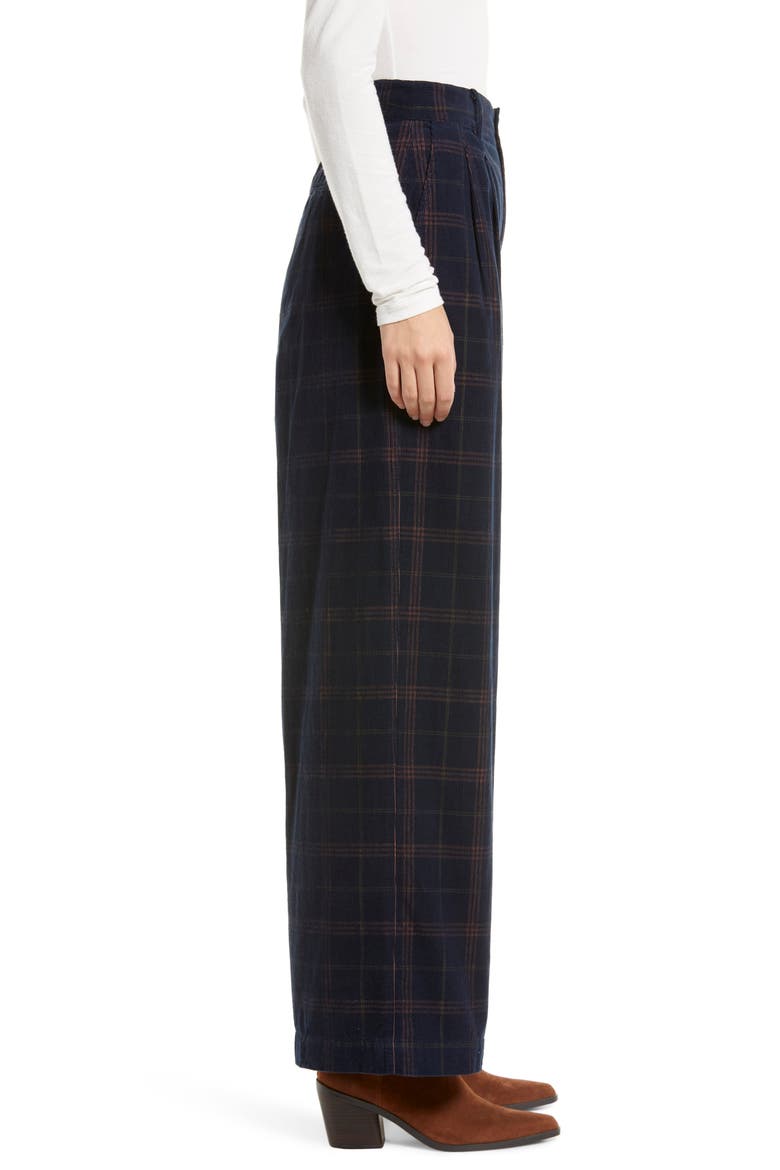 Windowpane Plaid Pleated Corduroy Wide Leg Pants, Alternate, color, BLUE MULTI PLAID AP