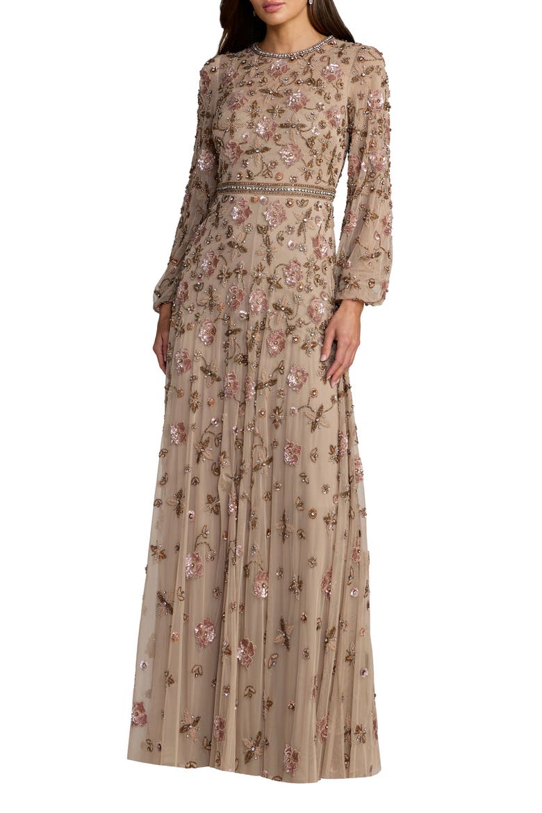 sequin mesh blouson dress Mac Duggal Women's Embellished Blouson Sleeve Tulle Gown - Taupe