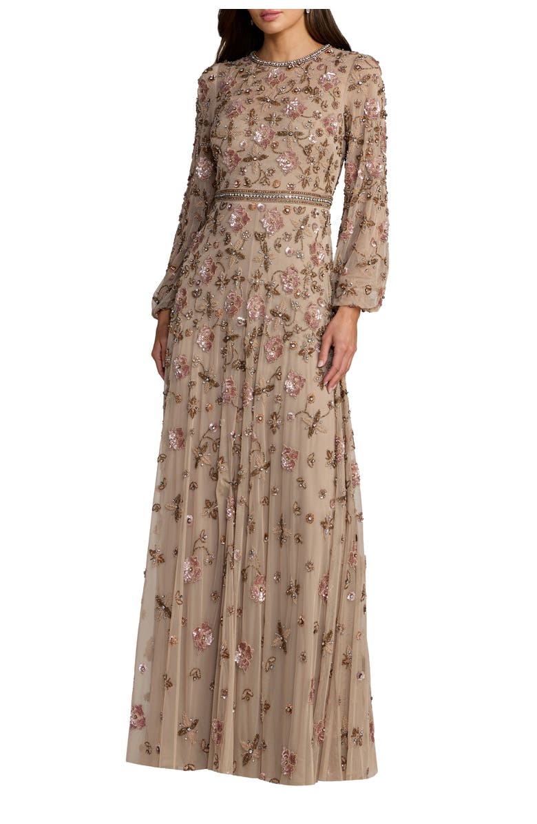 Mac Duggal Sequin Mesh Blouson Long Sleeve A Line Gown, Main, color, Taupe