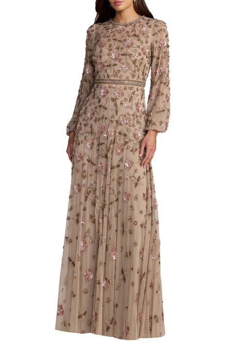 Sequin Mesh Blouson Long Sleeve A Line Gown