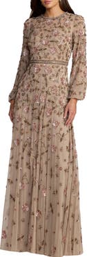 Mac Duggal Sequin Mesh Blouson Long Sleeve A Line Gown