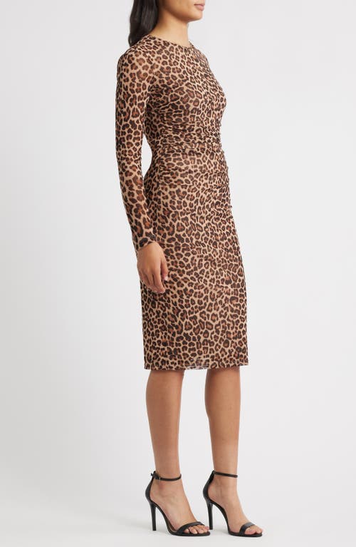 Anne Klein Leopard Print Long Sleeve Midi Dress In Brown