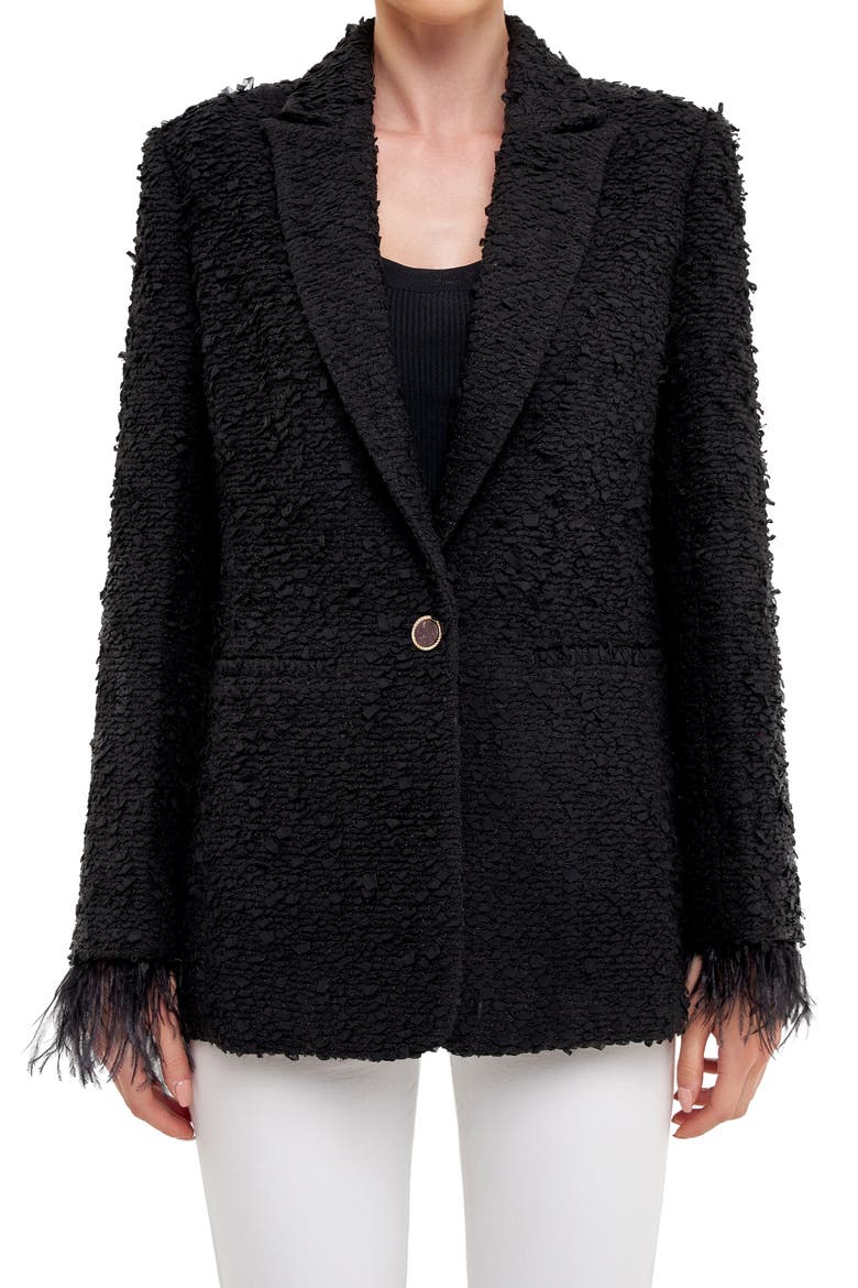 Feather Cuff Tweed Blazer, Alternate, color, BLACK