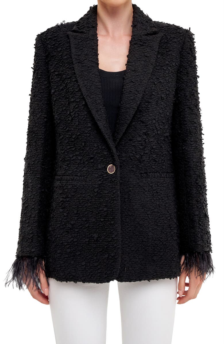 Endless Rose Feather Cuff Tweed Blazer, Alternate, color, Black