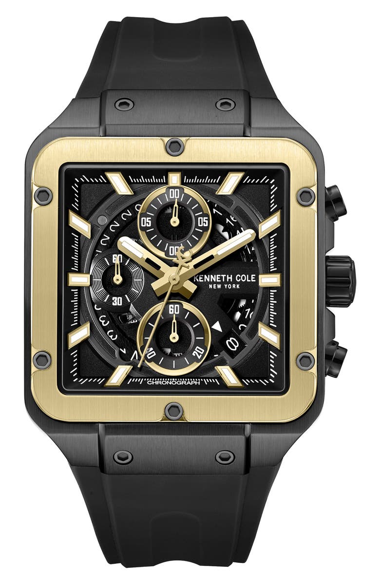 Kenneth Cole New York Arlington Automatic Chronograph Silicone Strap Watch, 43mm, Main, color, Black