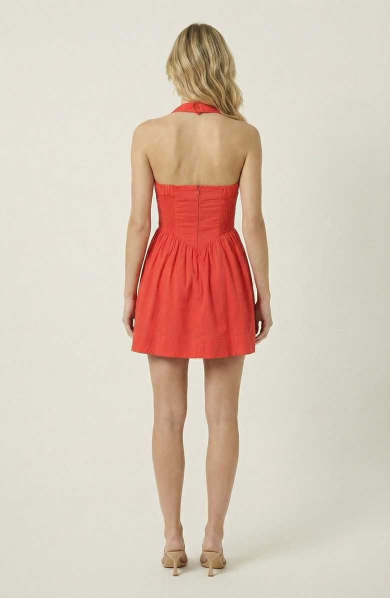 Modenaire Halter Mini Dress with Button Front and Flared Skirt, Alternate, color, Coral Red